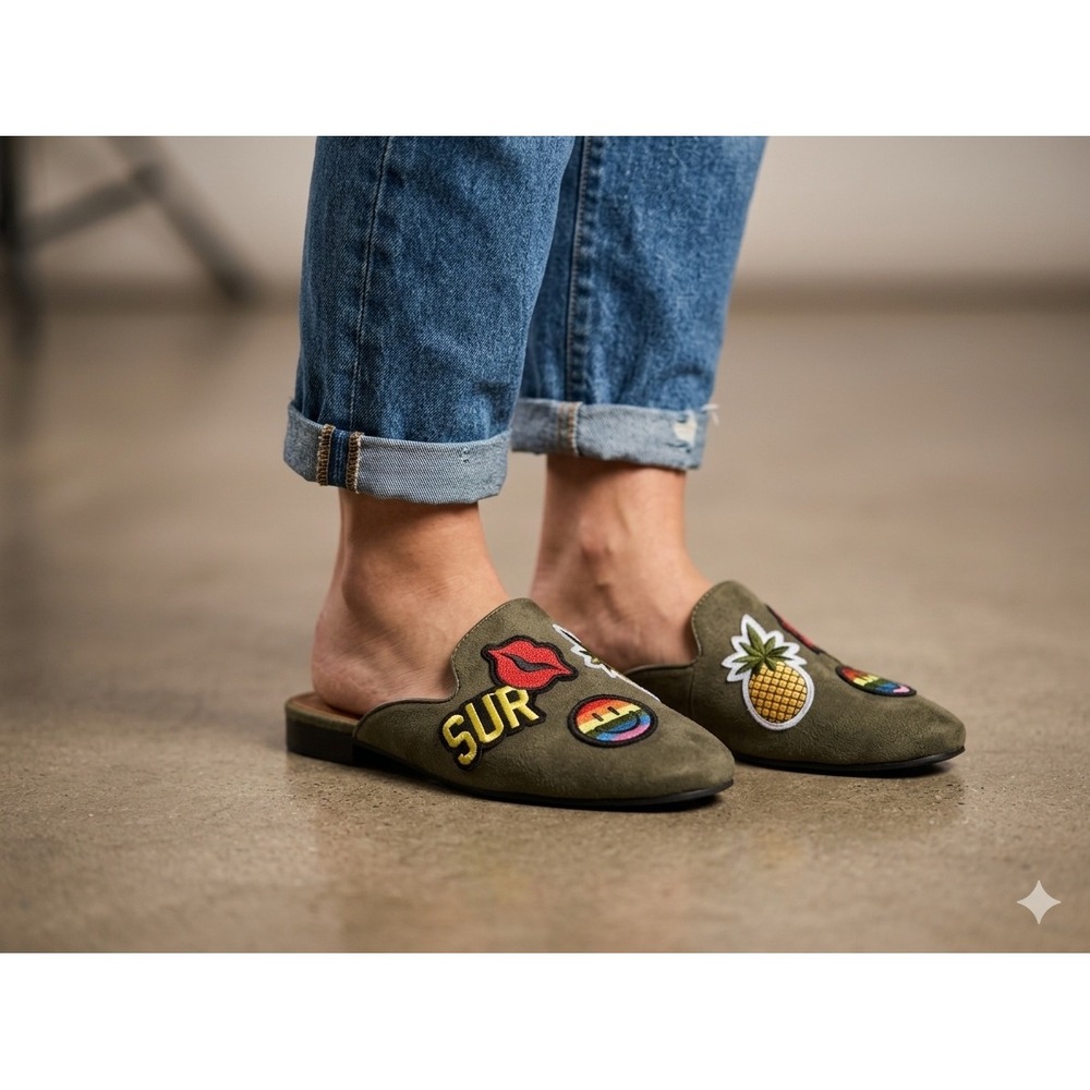 Paprika Olive Green Faux Suede Mule Slides Embroidered Patches Pineapple Lips
